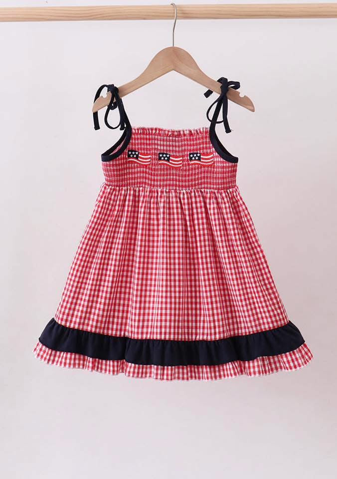 Red Flag Smocked Gingham Ruffle Dress