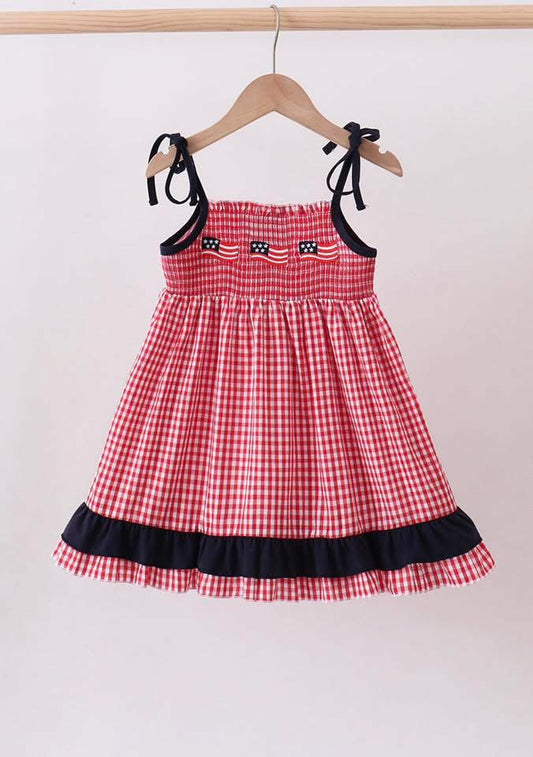 Red Flag Smocked Gingham Ruffle Dress