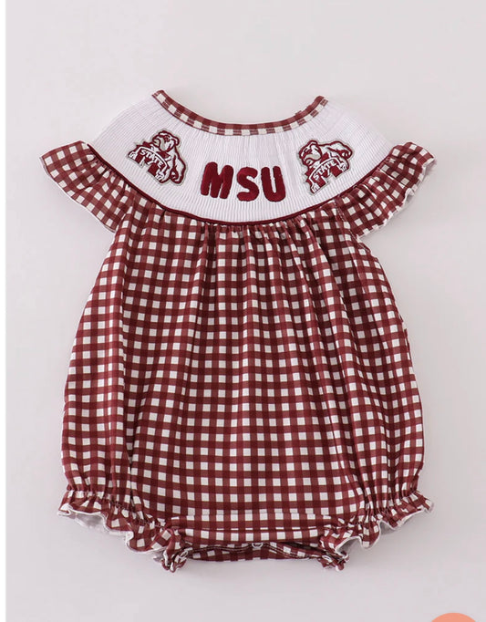 Mississippi MSU Embroidered Smocked Gingham Bubble