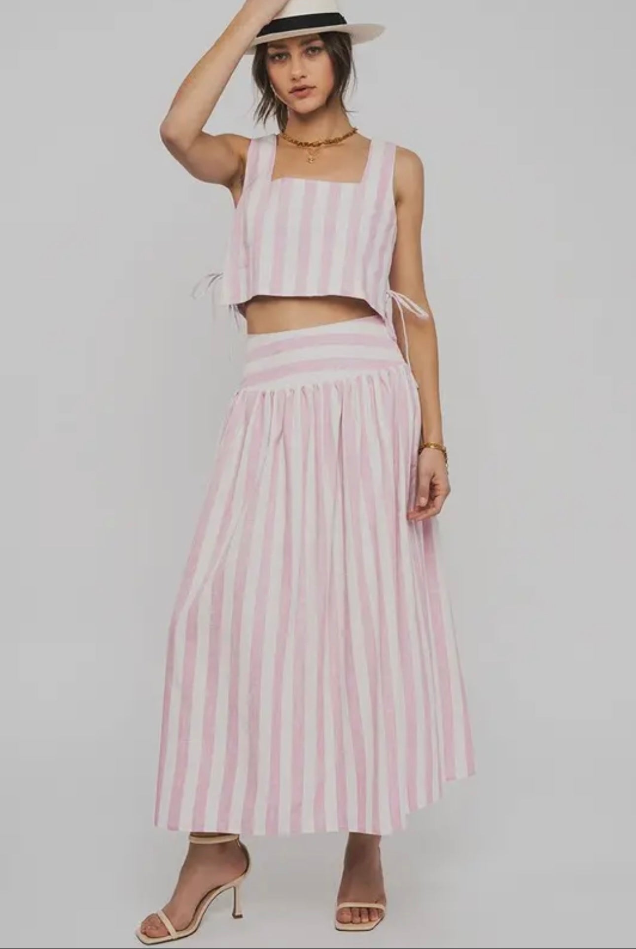 Pre-Order Square Neck Striped Two-Piece Crop Top Maxi Skirt Set