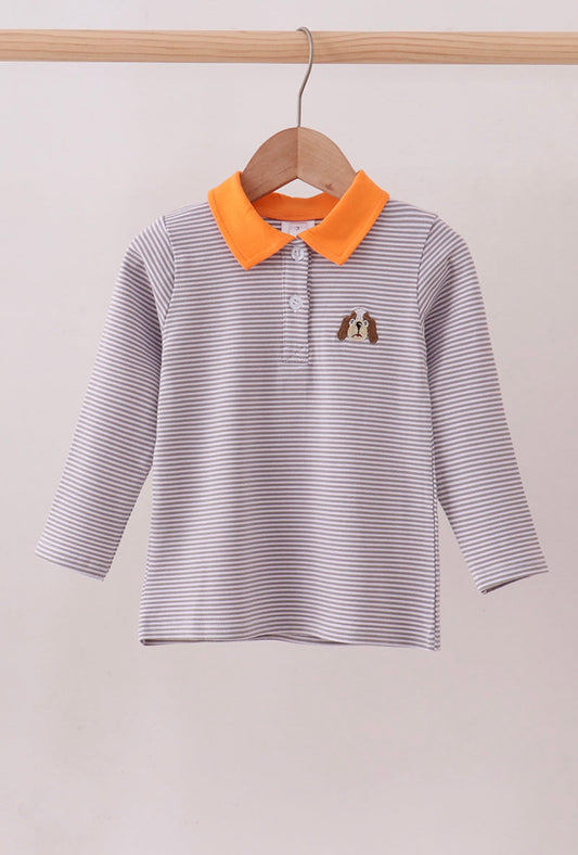 Premium Orange Tennessee Stripe Puppy Embroidered Button Down Shirt By Honeydew