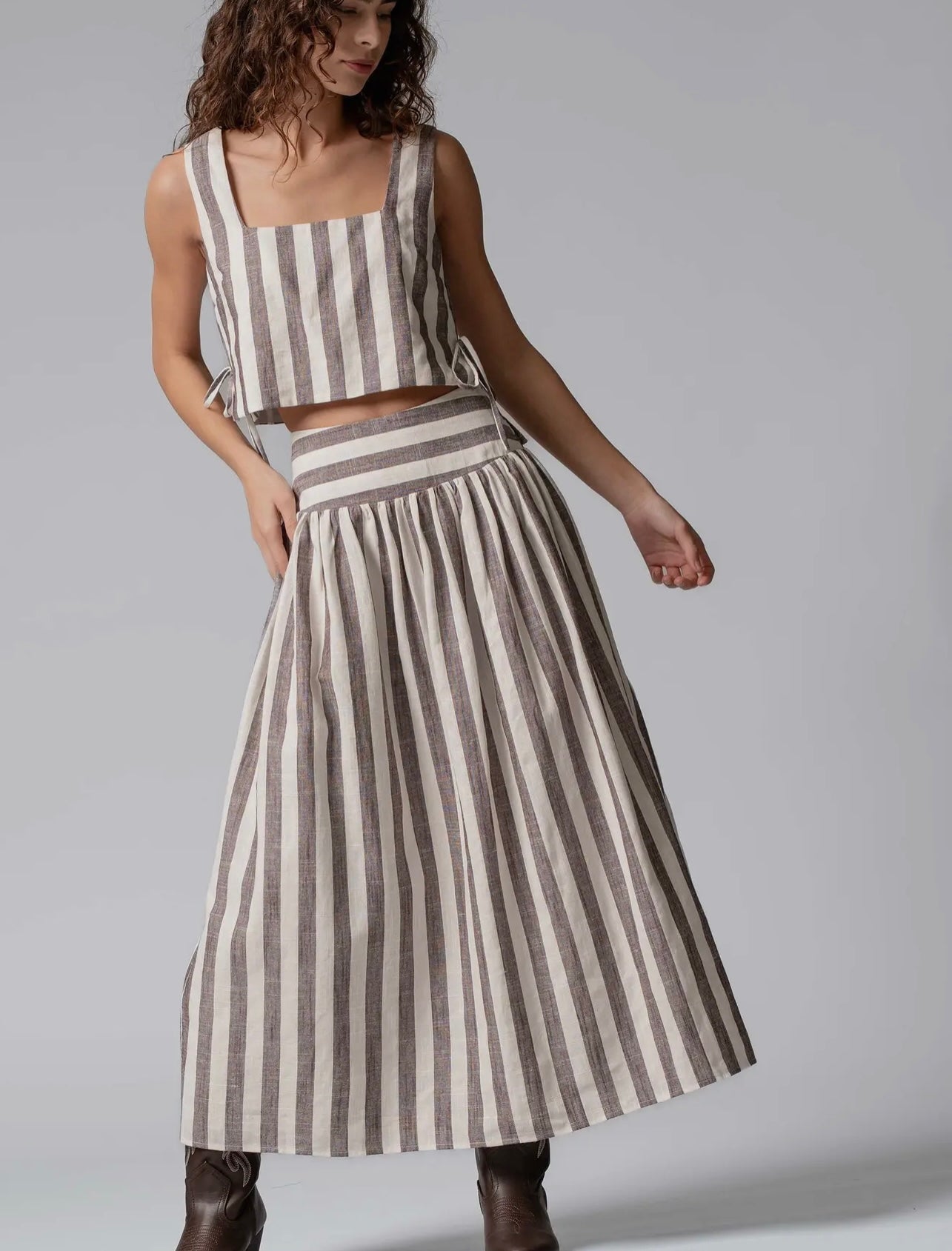 Pre-Order Square Neck Striped Two-Piece Crop Top Maxi Skirt Set