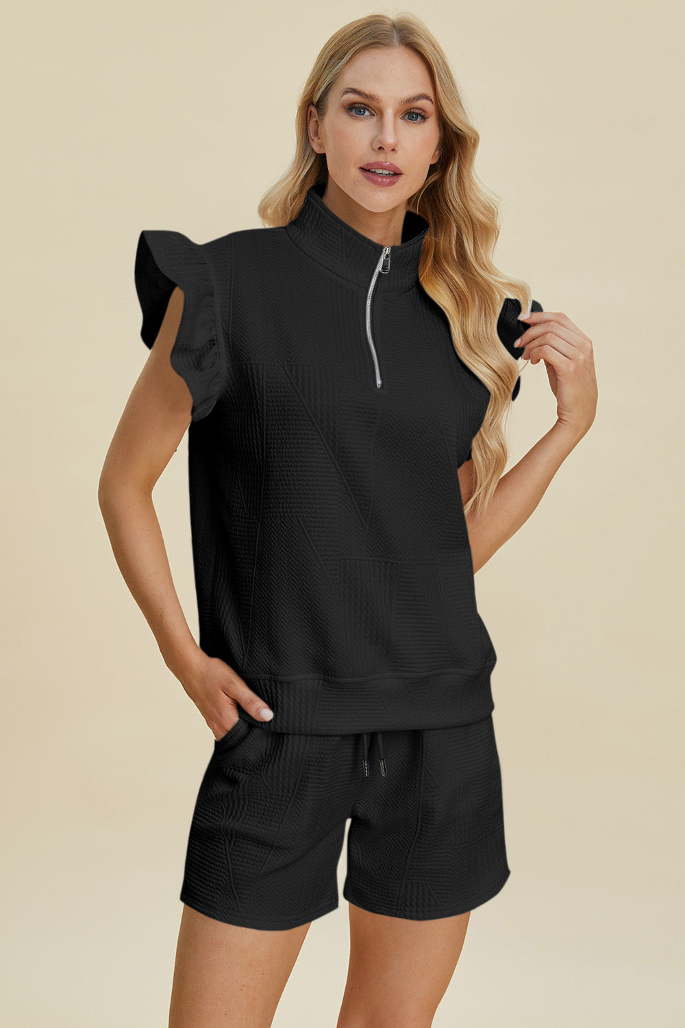 Double Take Textured Flounce Sleeve Top & Shorts Set