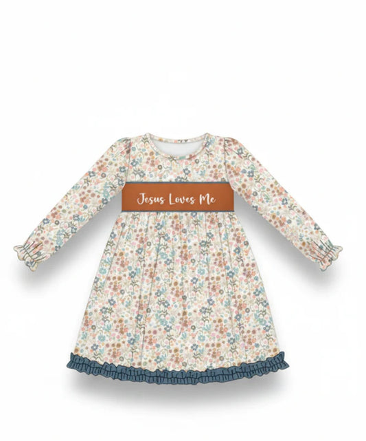 Jesus Loves Me Embroidered Floral Ruffle Dress By Honeydew