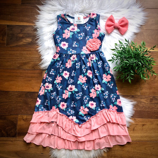 Navy & Pink Triple Ruffle Maxi Dress By TwoCan