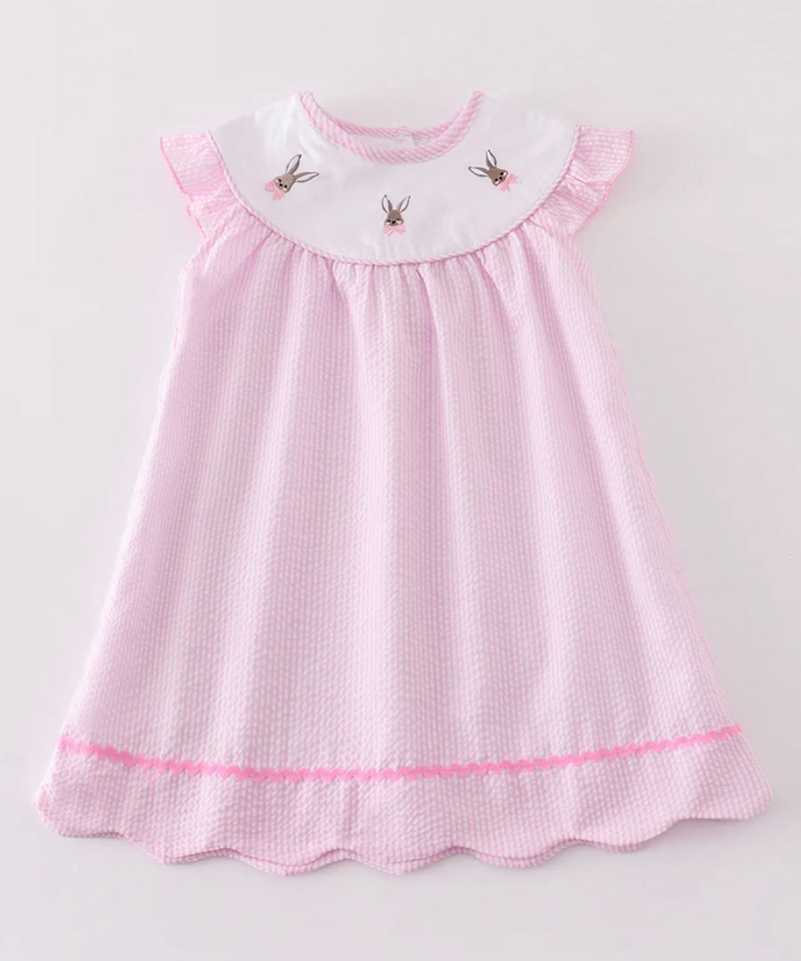 Premium Pink Stripe Bunny Embroidered Dress