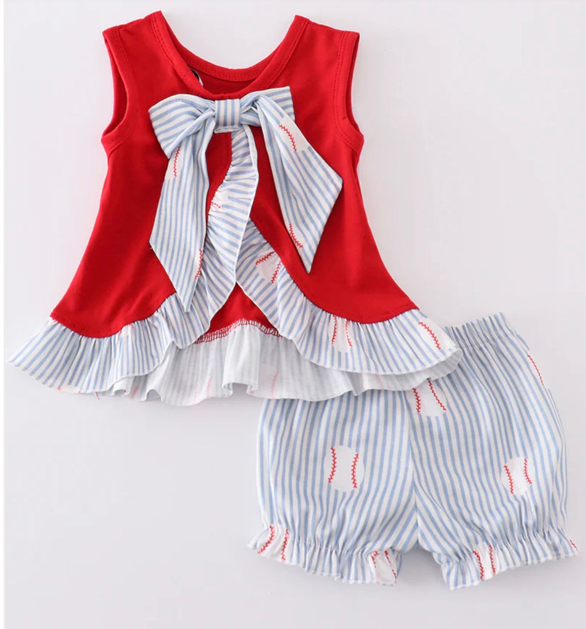Red Stripe Bow Baseball Bloomer Set