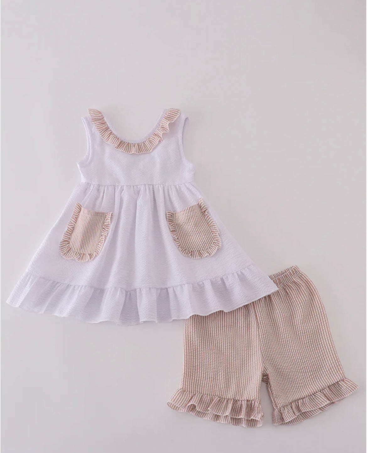 Brown & White Seersucker Stripe Ruffle Shorts Set