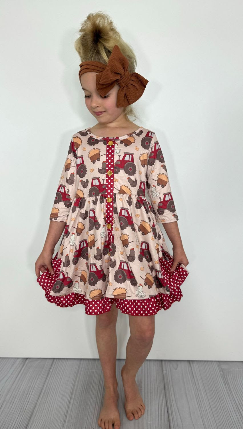 Red Tractor Dress by Clover Cottage