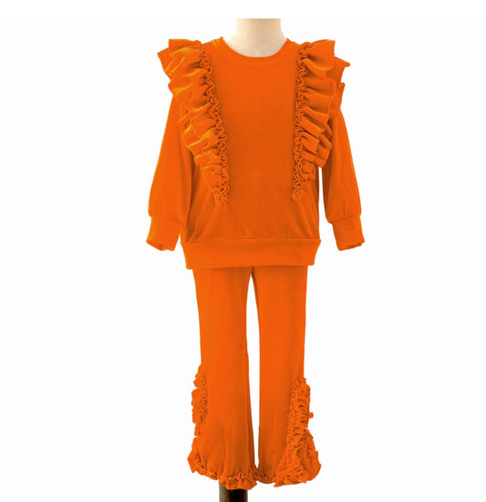 Velvet Ruffle Girls Set-Orange By Clover Cottage