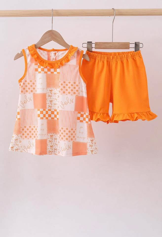 Orange Tennessee Patchwork Ruffle Short Set