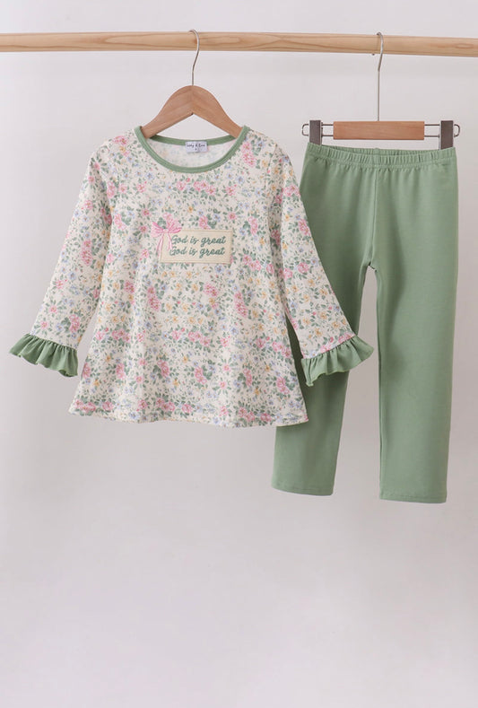 Green Floral God is Great Ruffle Pants Set