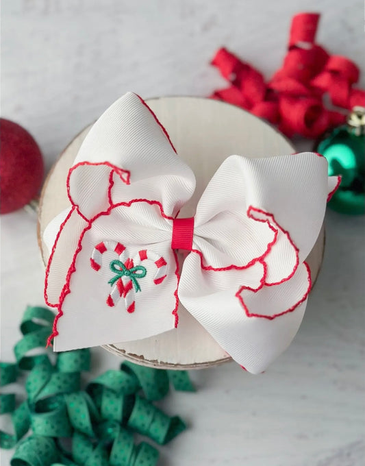 Candy Cane Embroidered Hair Bow (Clip)