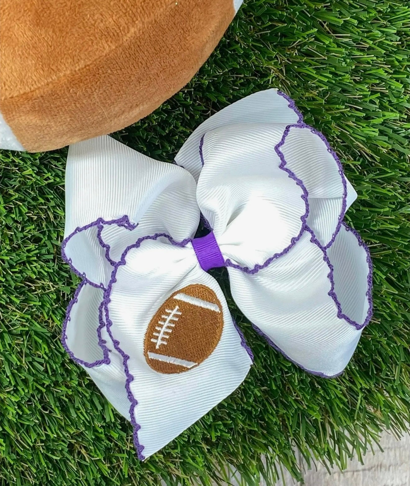 Football Embroidered Moonstitch Hair Bow (Clip) •Purple/White•
