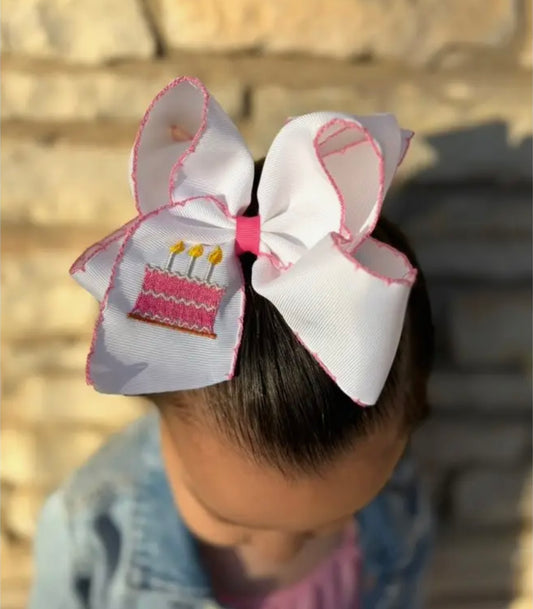 Birthday Cake Embroidered Moonstitch Hair Bow (Clip)