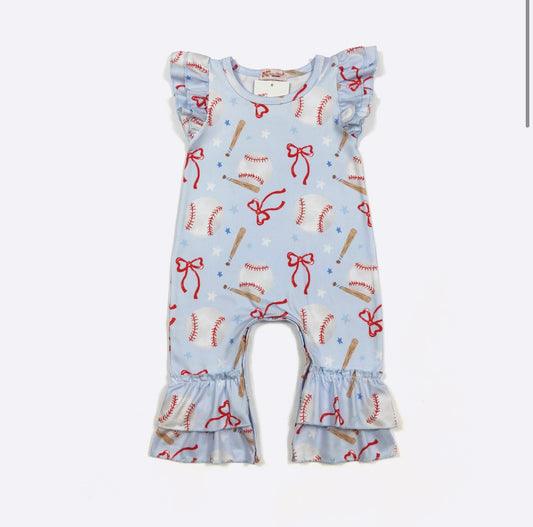 Baseball N Bows Romper By Clover Cottage