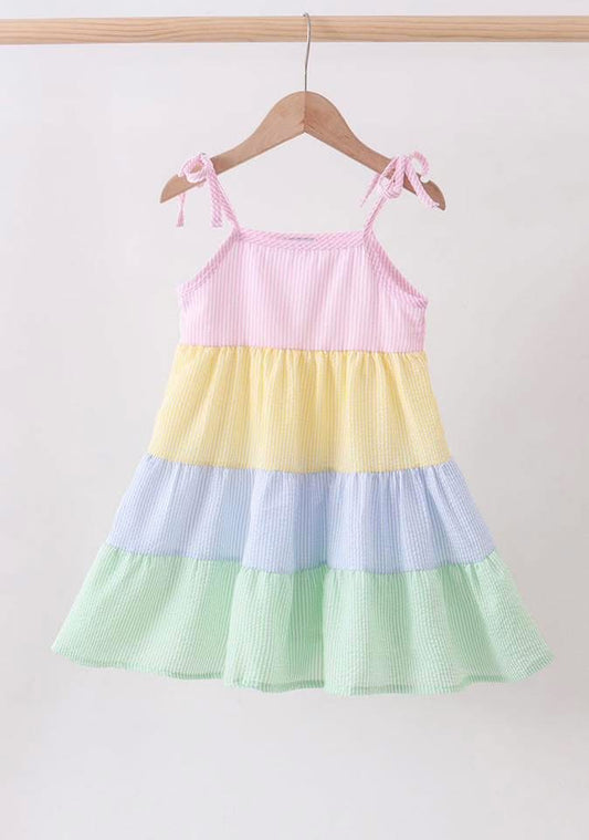 Blue Stripe Seersucker Tiered Dress