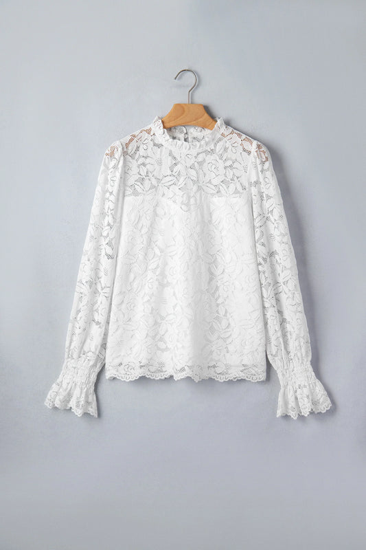 White Ruffled Sheer Lace Blouse