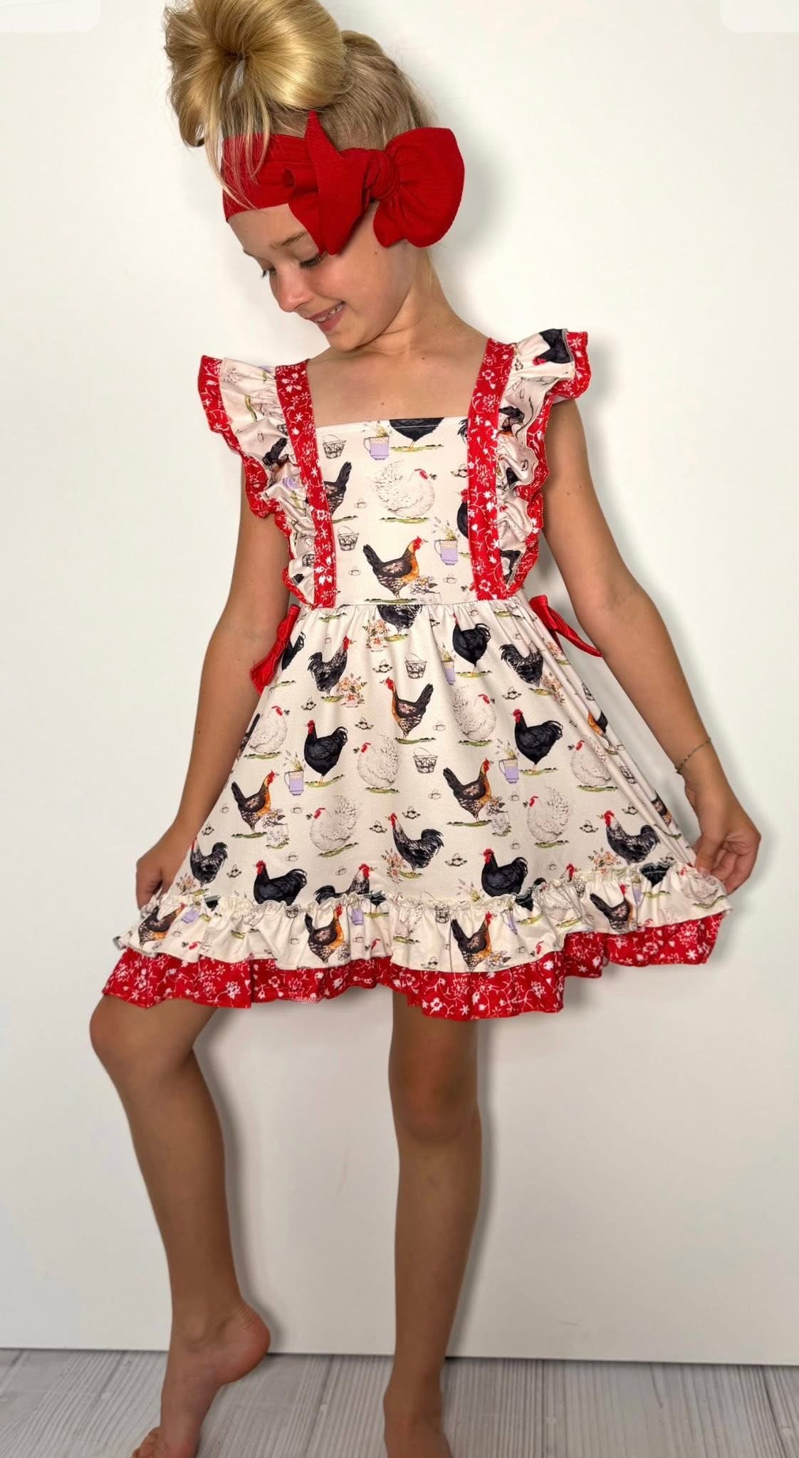 Red Rooster Girls Dress By Clover Cottage