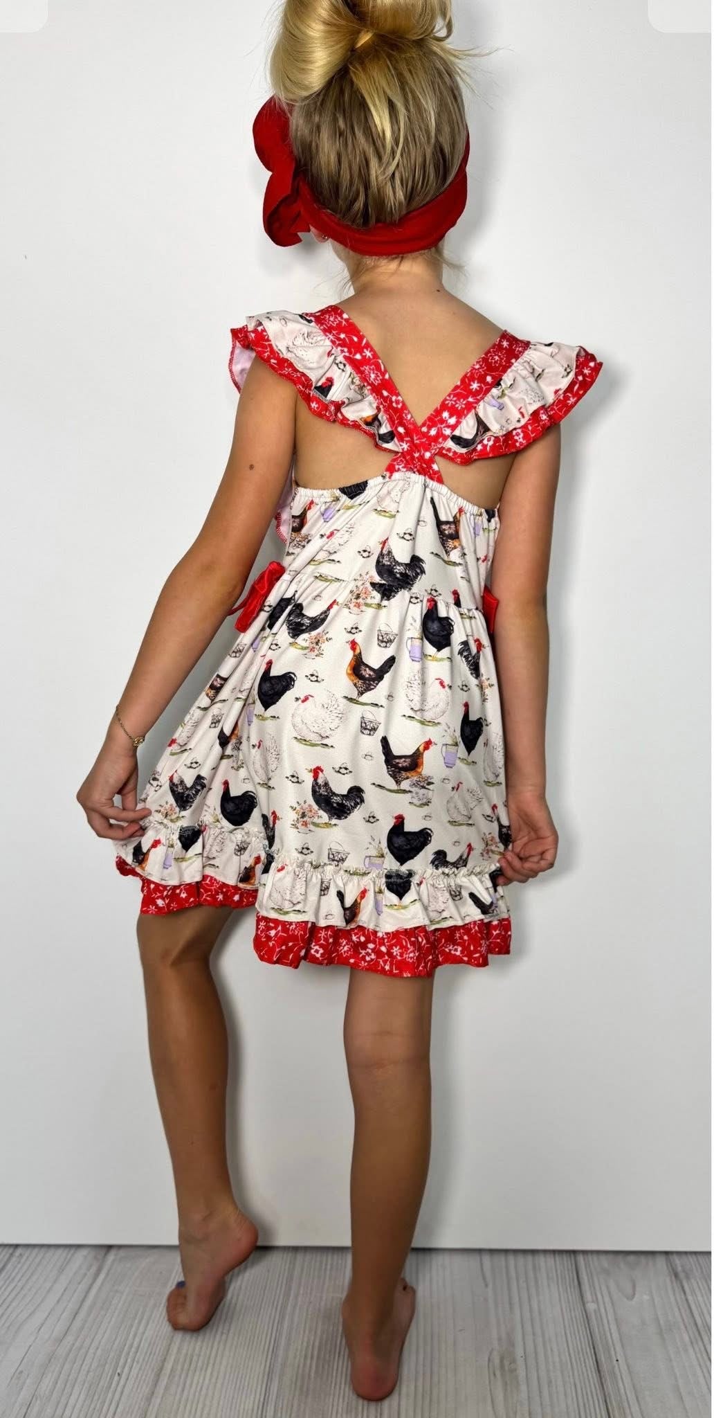 Red Rooster Girls Dress By Clover Cottage