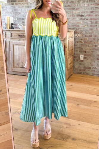 Scalloped Green Stripe Midi Dress
