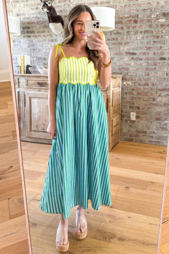 Scalloped Green Stripe Midi Dress