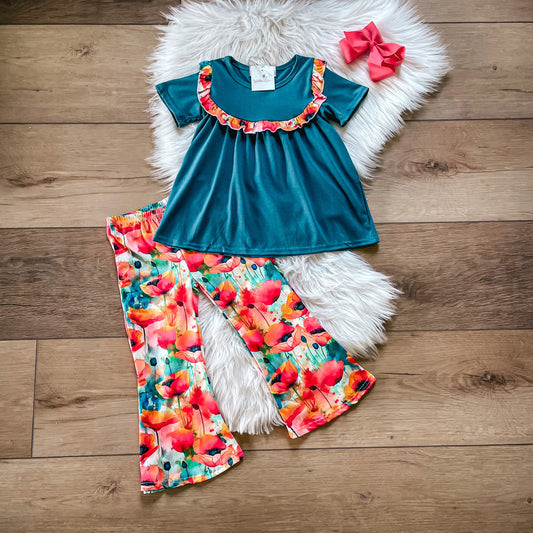Orange Poppies Flare Pants Set by Wellie Kate