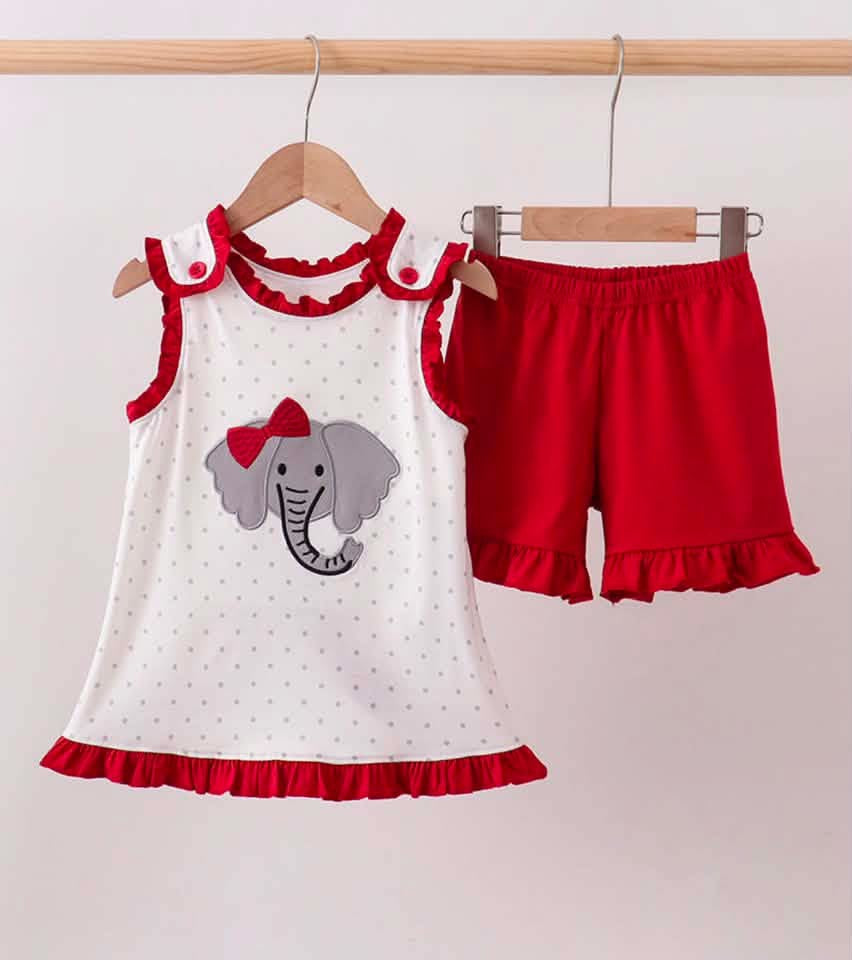 Maroon Elephant Appliqué Short Set