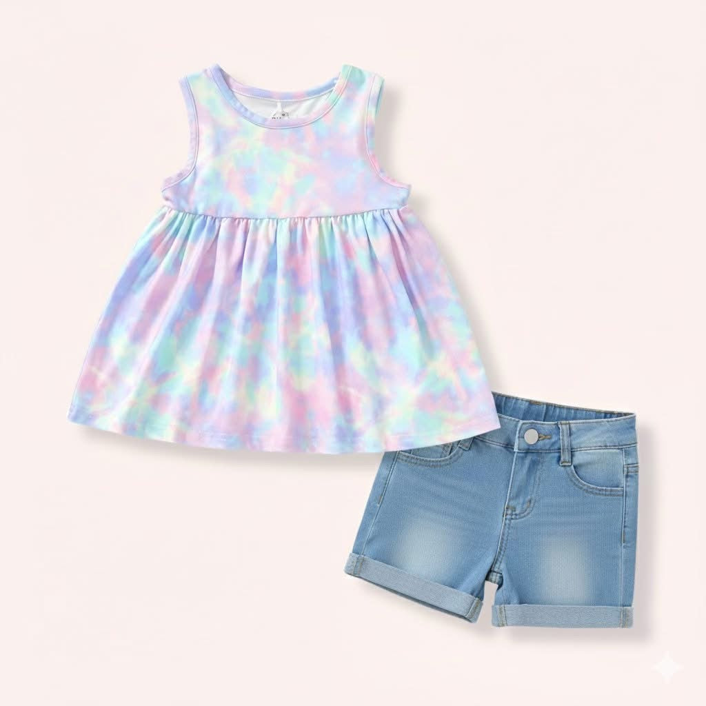 Cotton Candy Swirl Denim Shorts Set By Pete + Lucy
