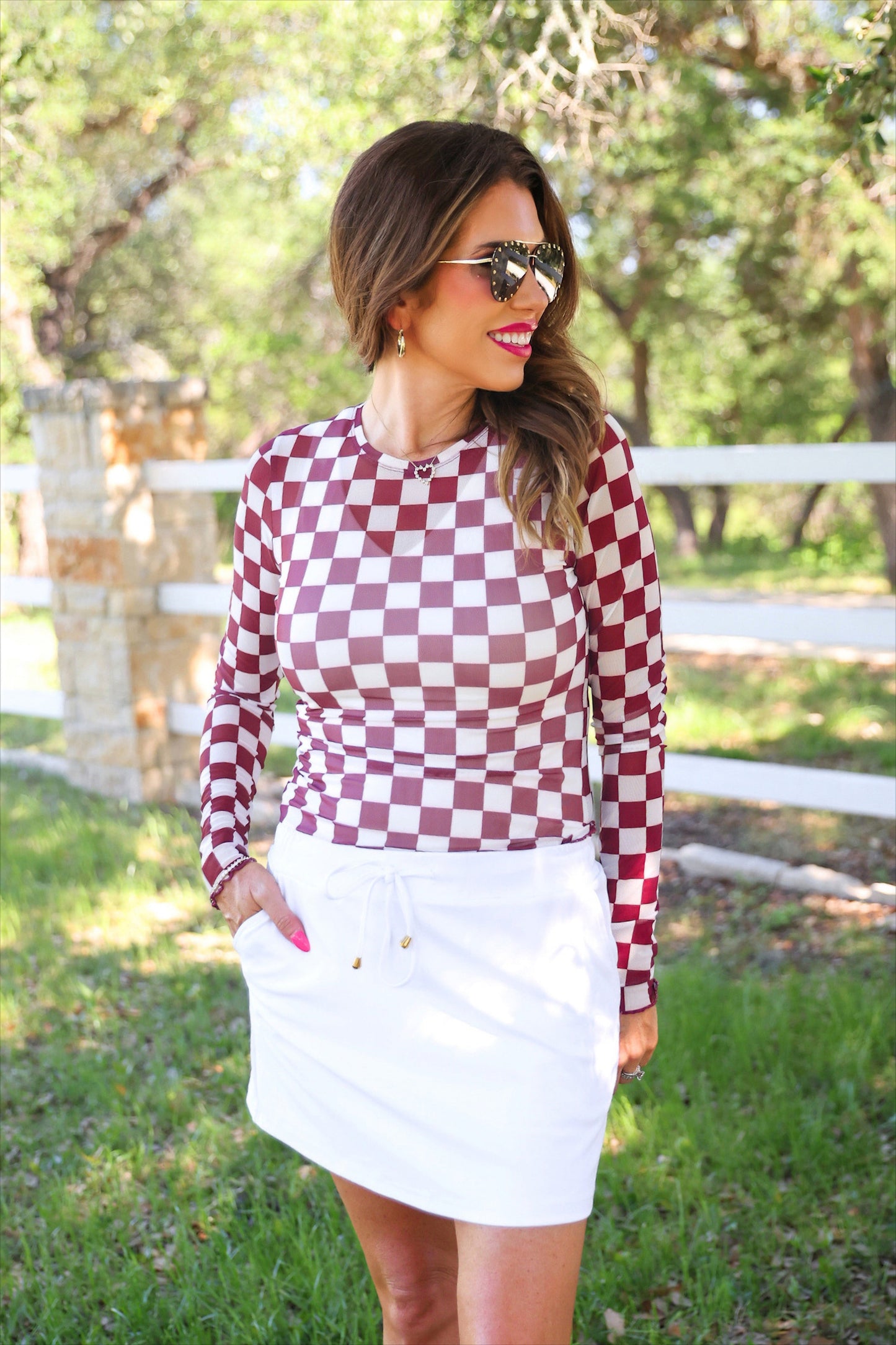 PREORDER- Alyssa Mesh Top- Maroon Checkered