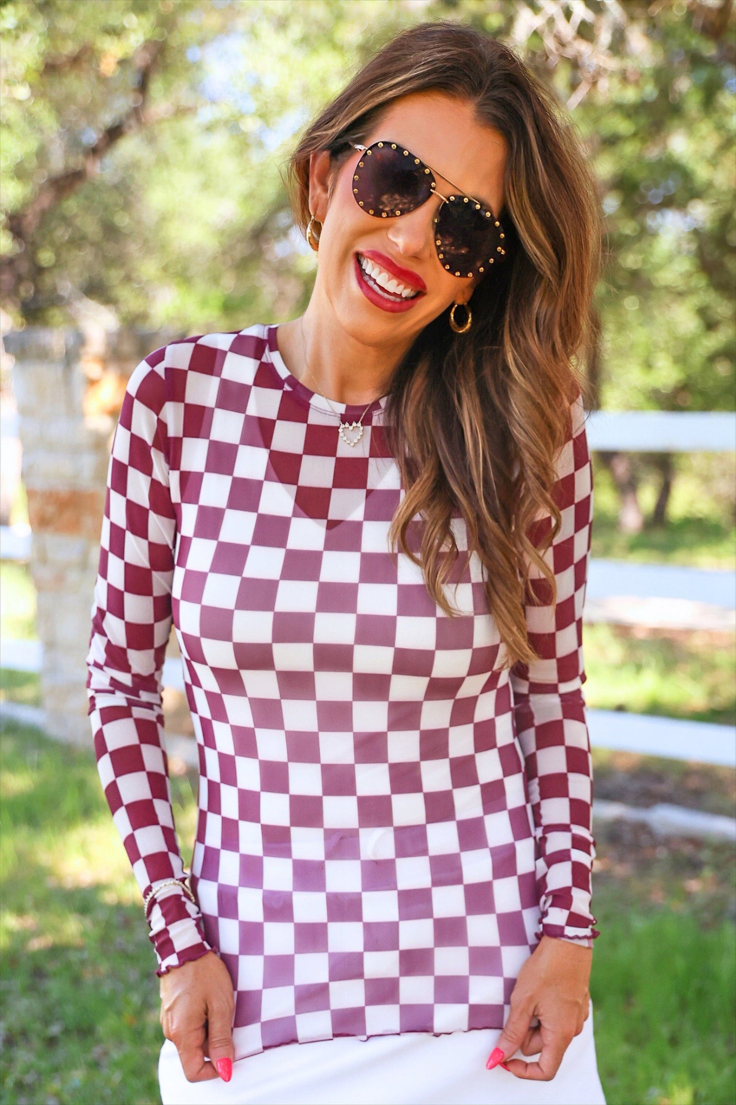 PREORDER- Alyssa Mesh Top- Maroon Checkered