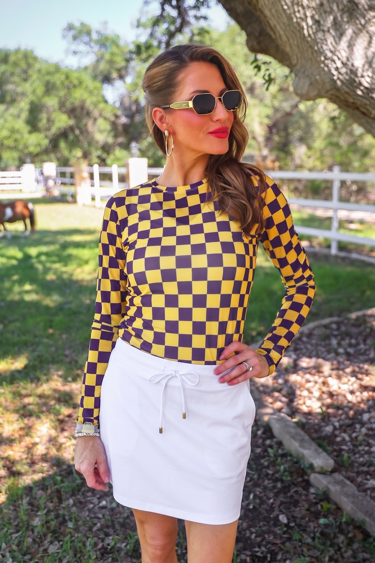PREORDER- Alyssa Mesh Top- Purple/Yellow Checkered
