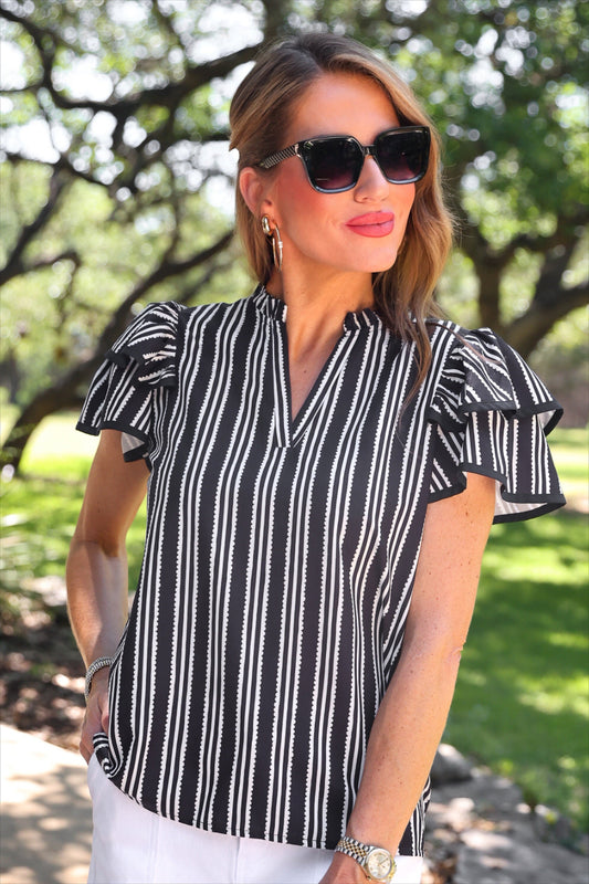 PREORDER- Layla Striped Flutter Sleeve Blouse- Black