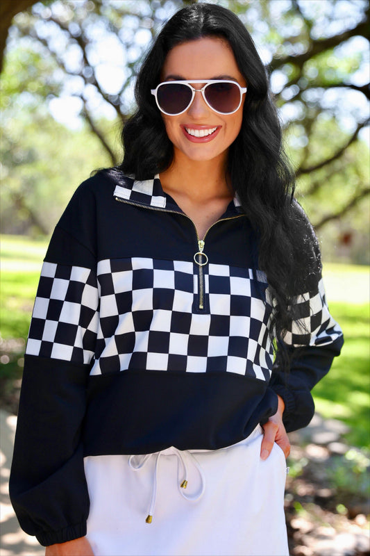 PREORDER- End Zone Checkered Pullover- Black