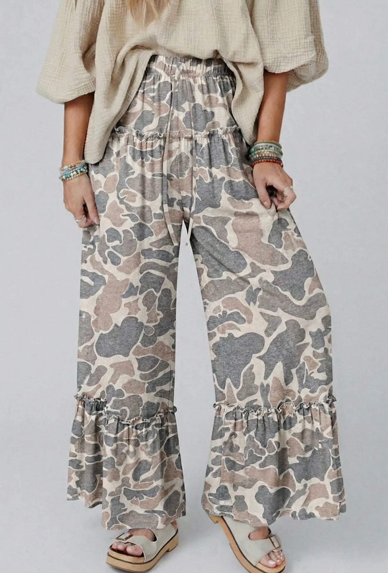 Camo Ruffle Wide Leg Casual Pant