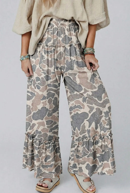 Camo Ruffle Wide Leg Casual Pant