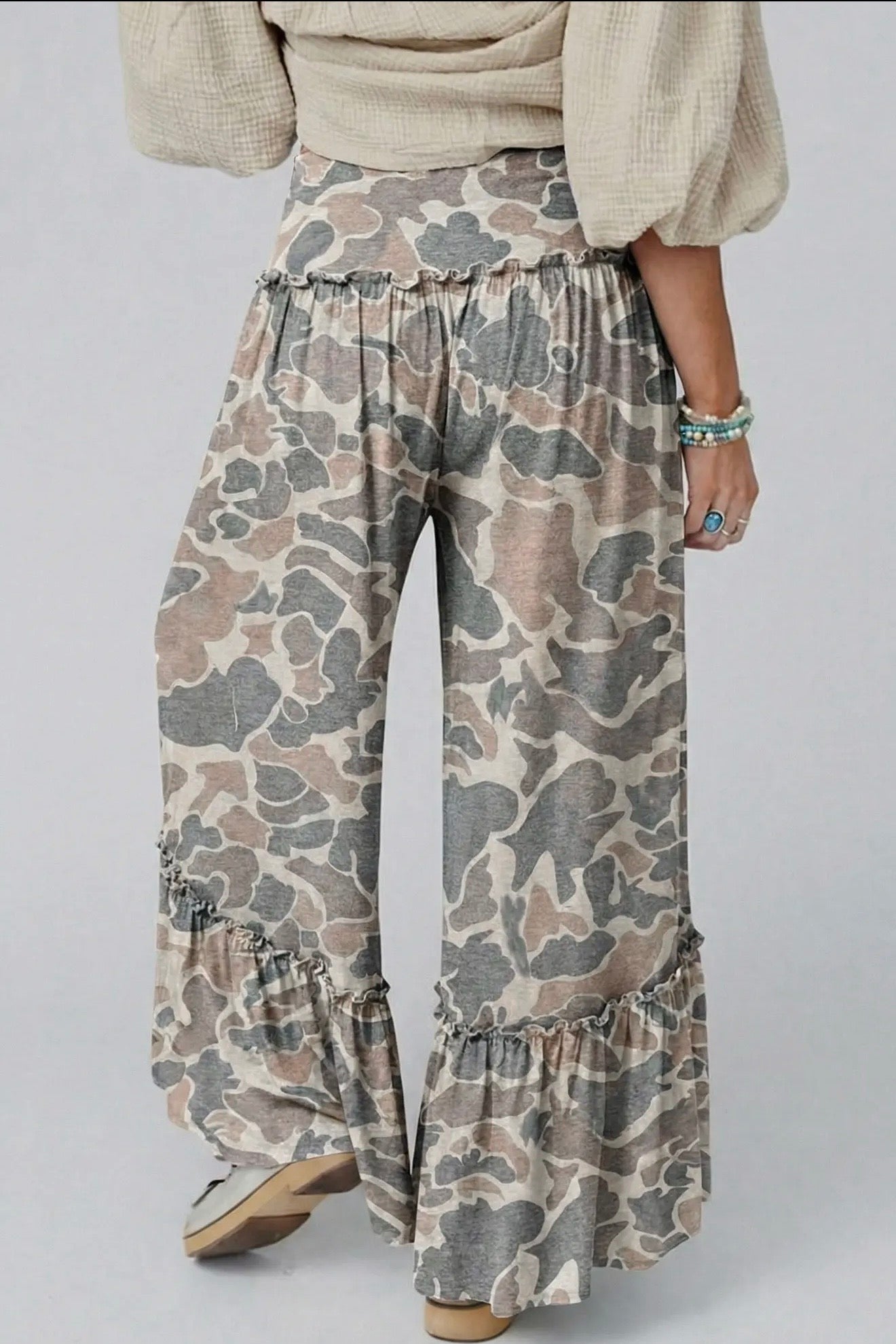 Camo Ruffle Wide Leg Casual Pant