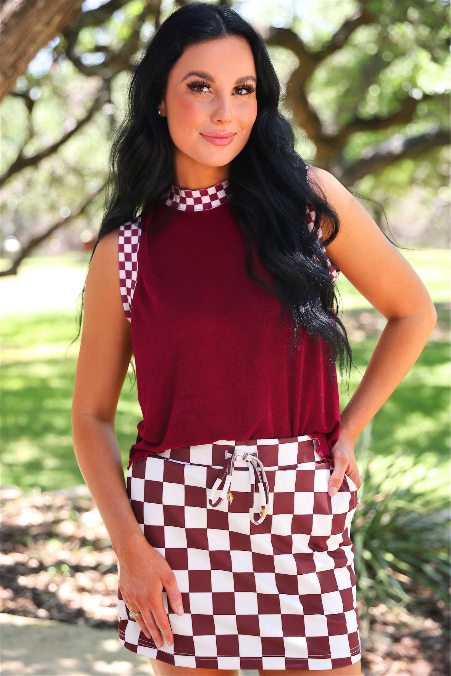 PREORDER- Let's Go Checkered Skort- Maroon