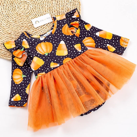 Pre-Order Candy Corn Harvest Infant Romper by Okie & Lou