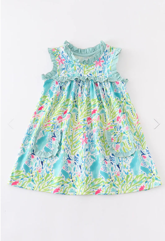 Green Floral Print Ruffle Dress by Honeydew