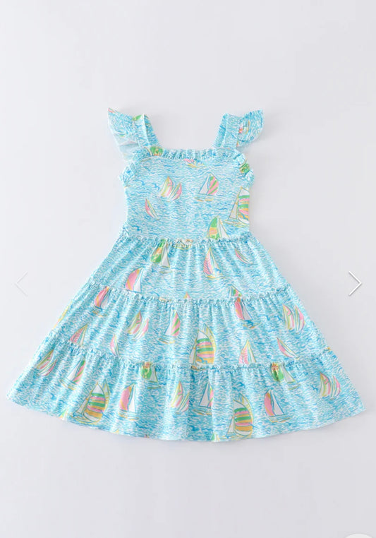Blue Sailboat Print Ruffle Tiered Dress