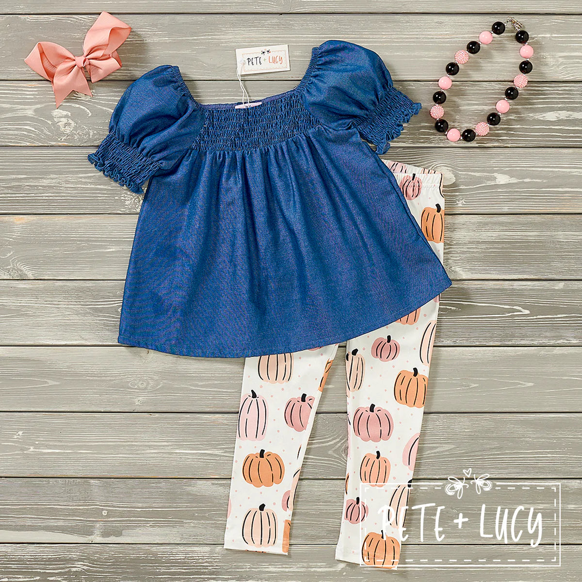 Pre-Order Denim Pumpkin Smocked Leggings Set by Pete + Lucy