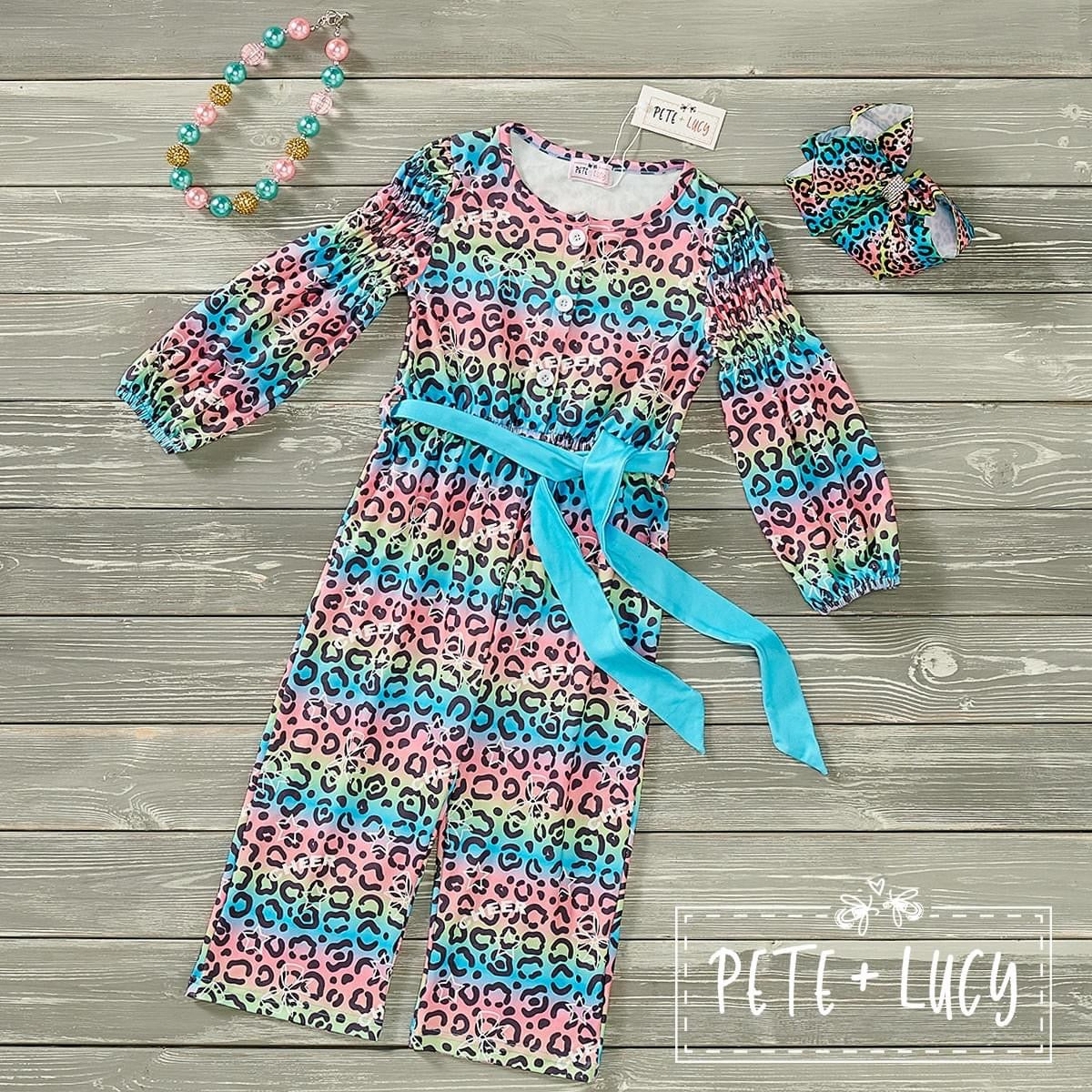 Pre-Order Bright Leopard Cheer: Girls Jumpsuit- Long Sleeve by Pete + Lucy