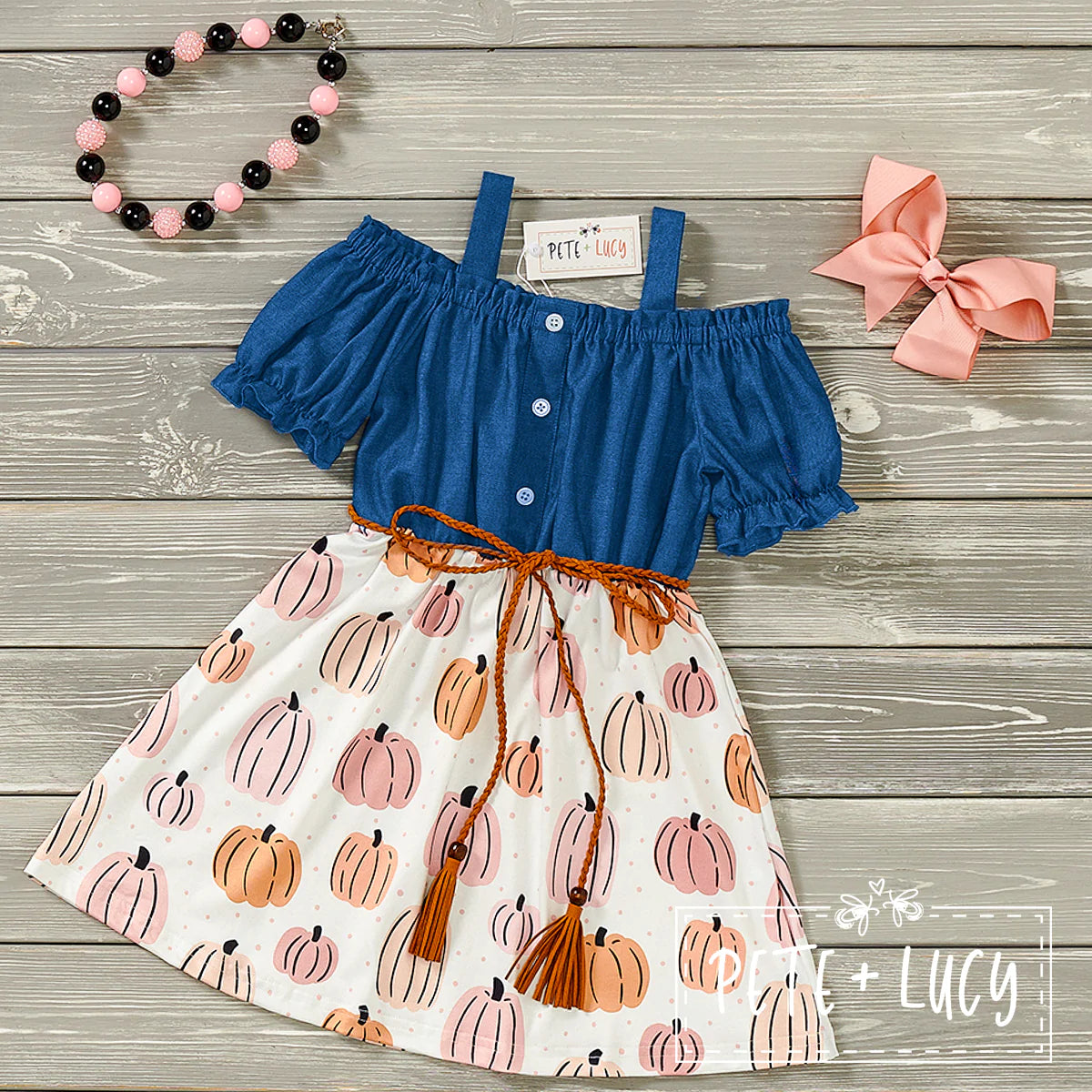 Pre-Order Denim Pumpkin Short Sleeve Dress with Belt