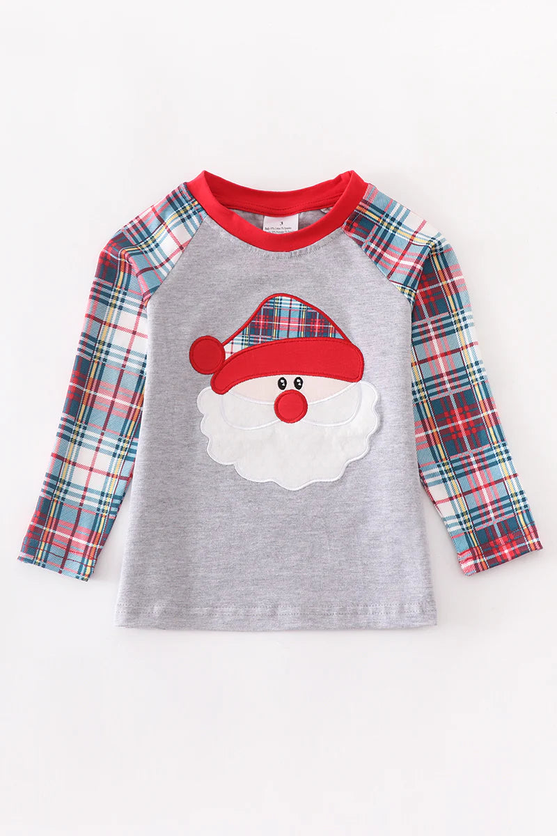 Grey Plaid Santa Appliqué Boys Tee