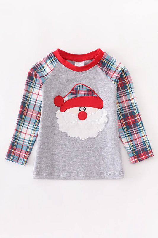 Grey Plaid Santa Appliqué Boys Tee