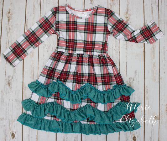 Green & Plaid Middi Length Ruffle Dress by Marie Elizabeth