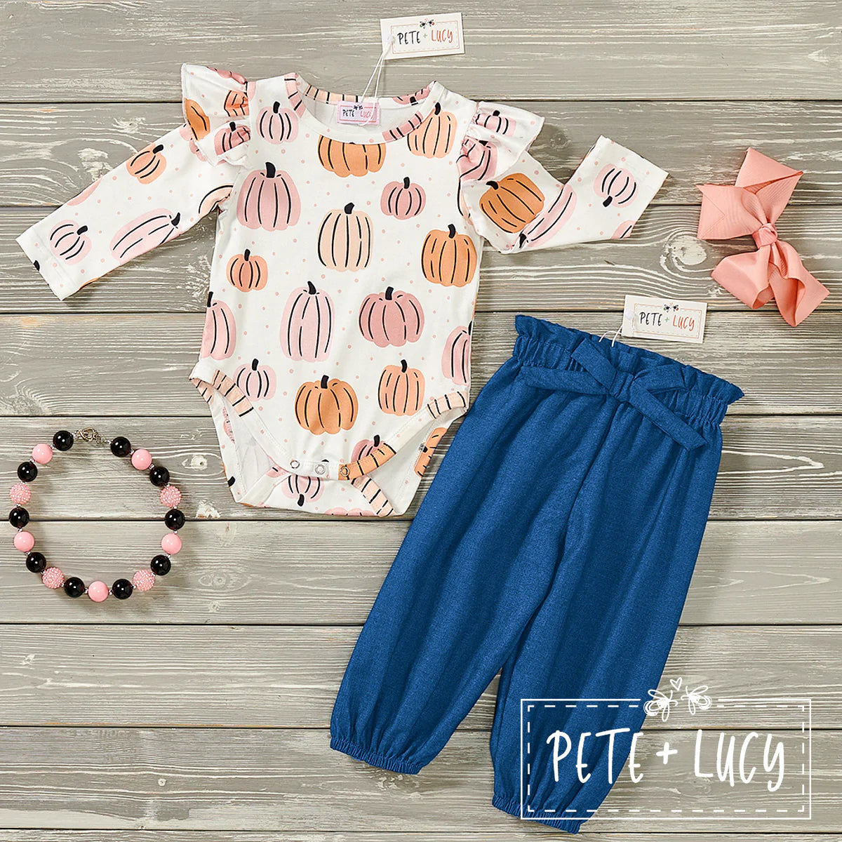 Pre-Order Denim Pumpkin Girls Romper Pants Set by Pete + Lucy