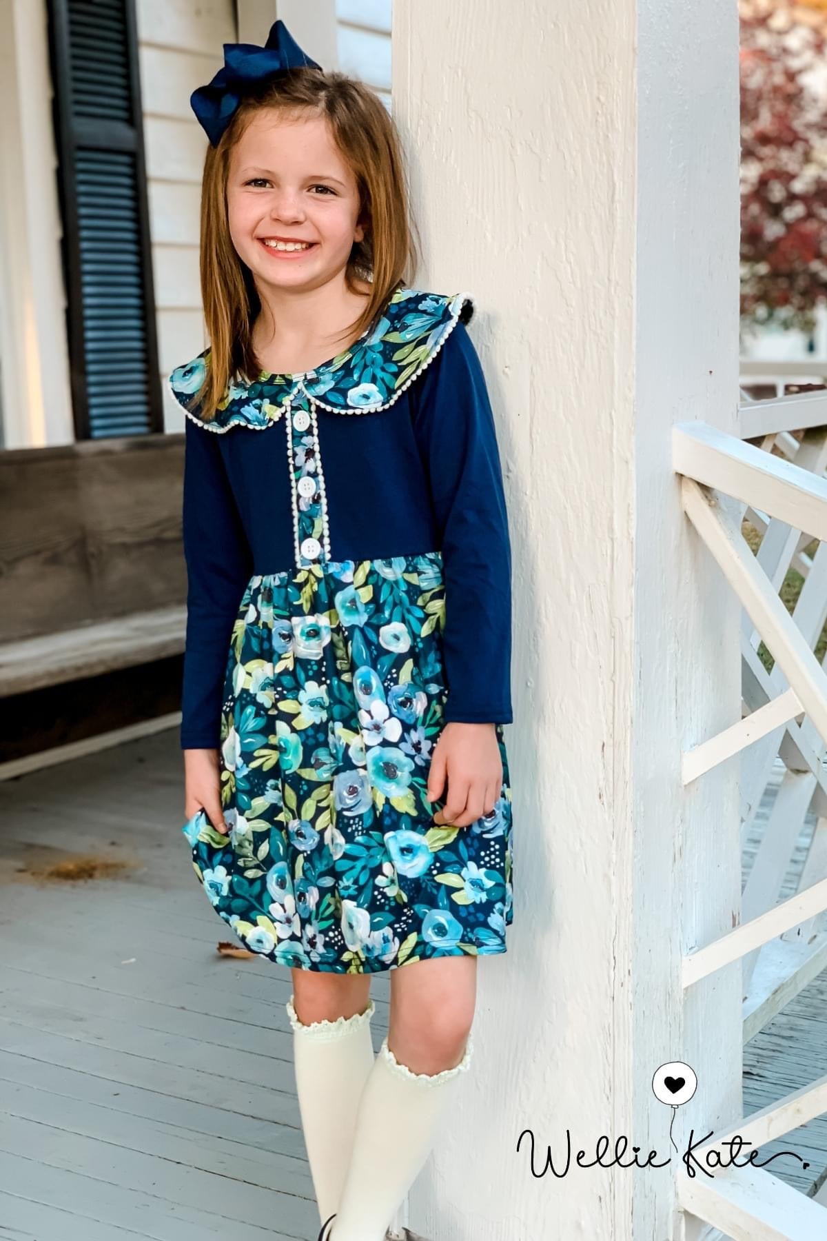 Navy & White Floral Dress by Wellie Kate