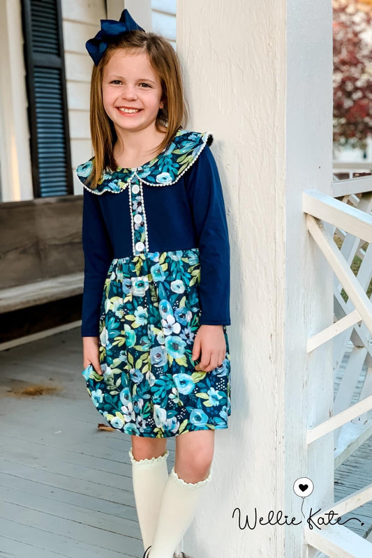 Navy & White Floral Dress by Wellie Kate